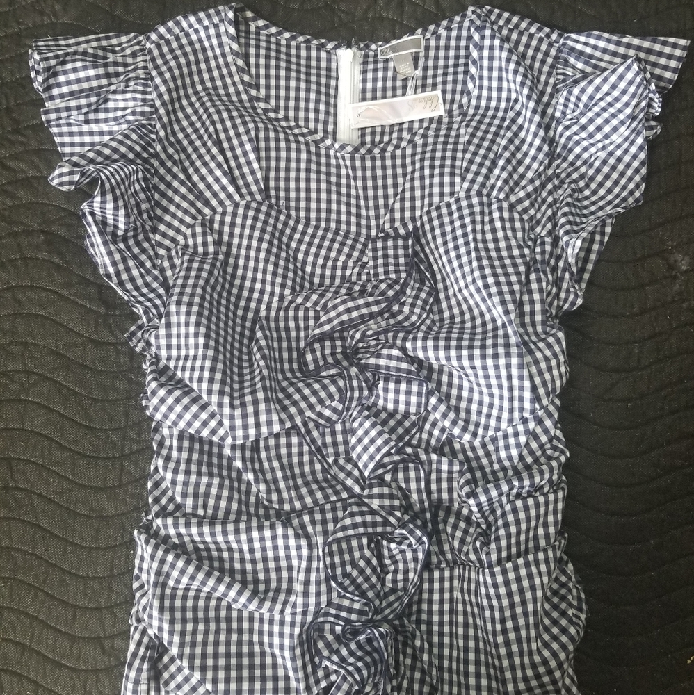 CHELSEA28 Gingham Ruched Poplin Top Women's L Navy